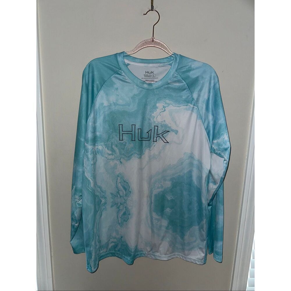 Huk Fishing Shirt Mens Large Blue Ocean Graphic Long Sleeve Tee UPF 50+